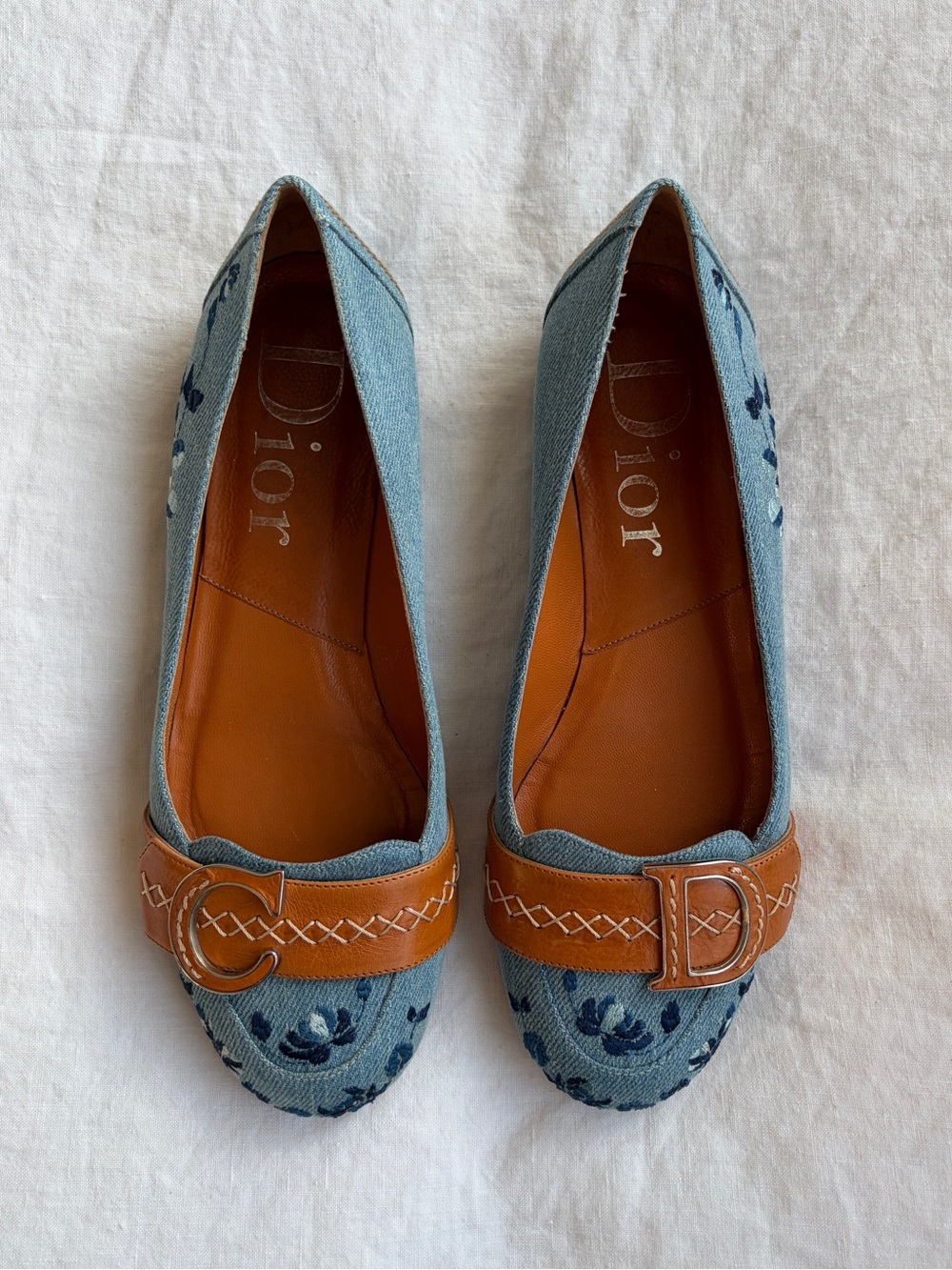 Vintage Dior SS 2005 Logo Denim Embroidered Floral Leather Loafers Ballet Flats